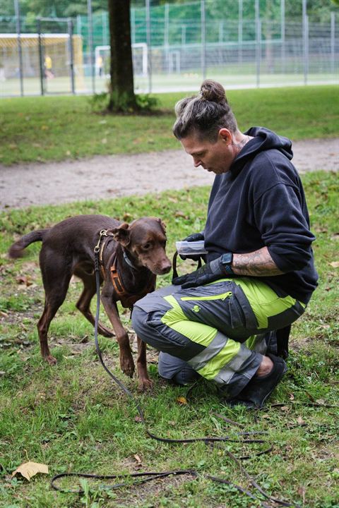 Alexandra Götz hockt ruhig neben ihrem Labrador-Mix Bambam, der neugierig zu ihr hinschaut